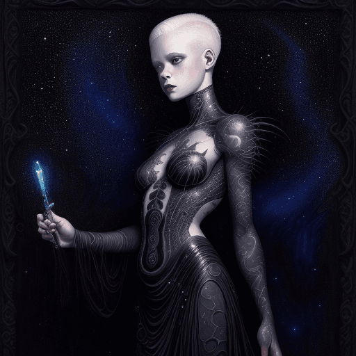 AI generated: In the style Gerald Brom, inpunk paint ,Beautiful Albino girl, Starry Night, Black dress, Full body ...