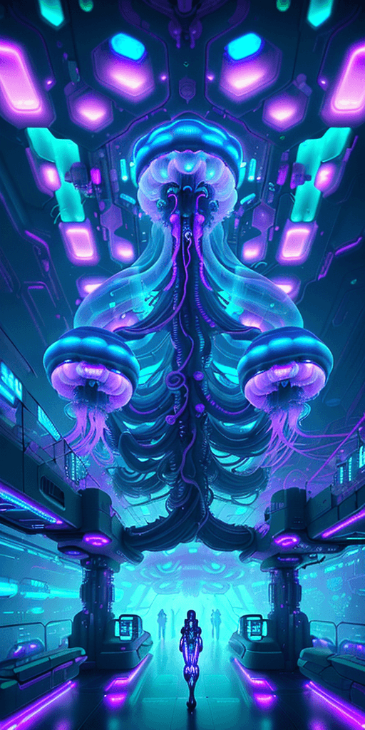 AI generated: (a cyberpunk city inside the head of a jellyfish), floating in the vastness of space, neon lights, v...