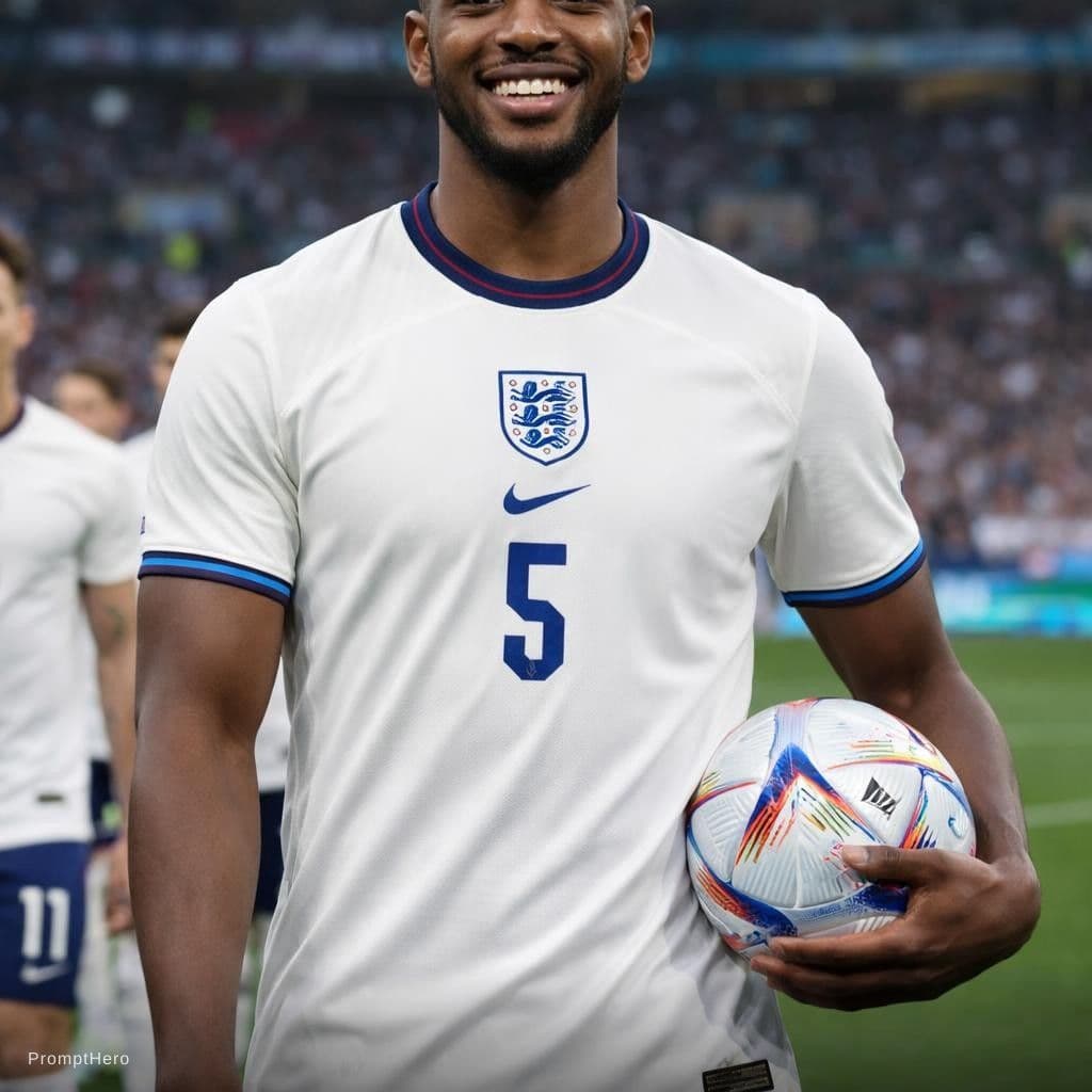 AI generated: A young professional football player with dark skin standing vibrantly in a football stadium in a li...