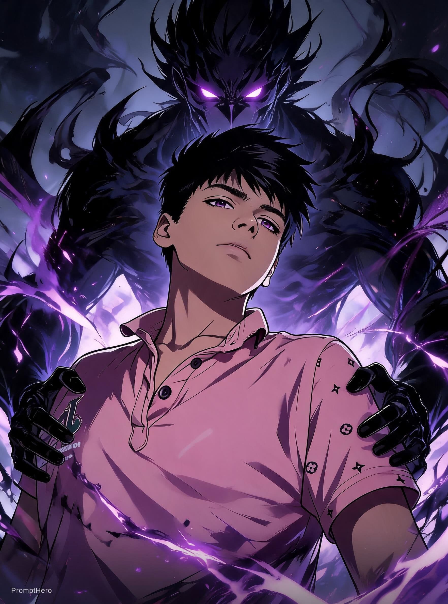 AI generated: Create an ultra-detailed dark anime portrait of the person in the uploaded photo. 
Add a gigantic sh...