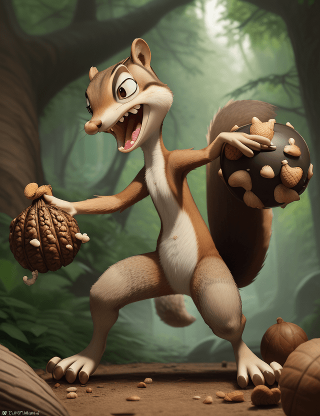 AI generated: Scrat, full body the lovable saber-toothed squirrel from Ice Age, caught in a comical struggle with ...