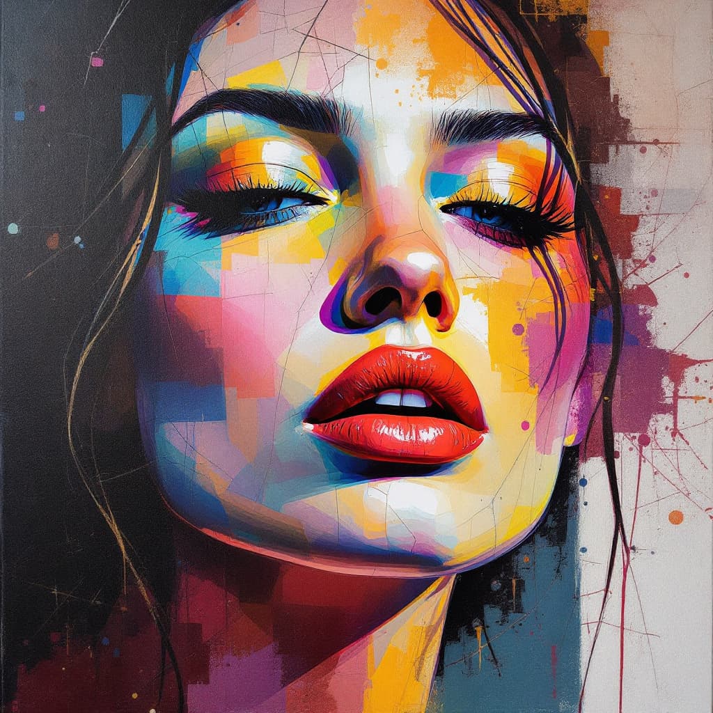AI generated: a painting on canvas of a woman in colorful tones, in the style of martin ansin, cracked and serene ...