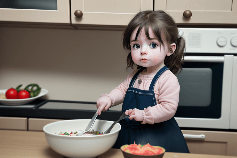 AI generated: (portrait:1.3, little child:1.8, little girl:1.8, standing:1.2, cooking;1.3, commercial advertising ...