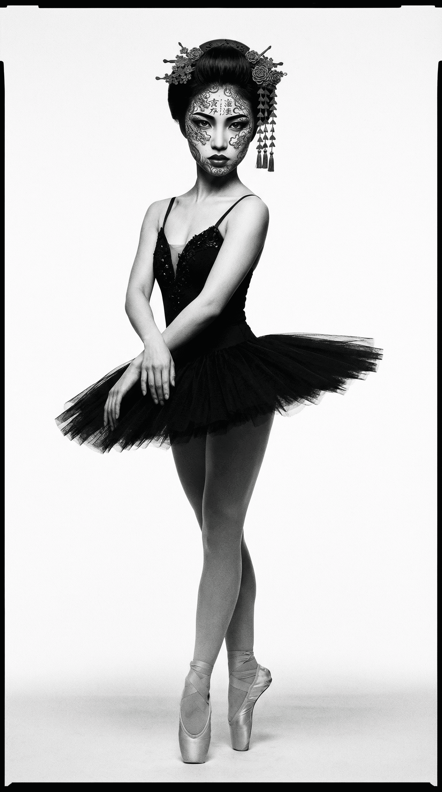 AI generated: a black-and-white studio portrait of a Japanese ballerina, with 35mm film grain, in the style of Ric...