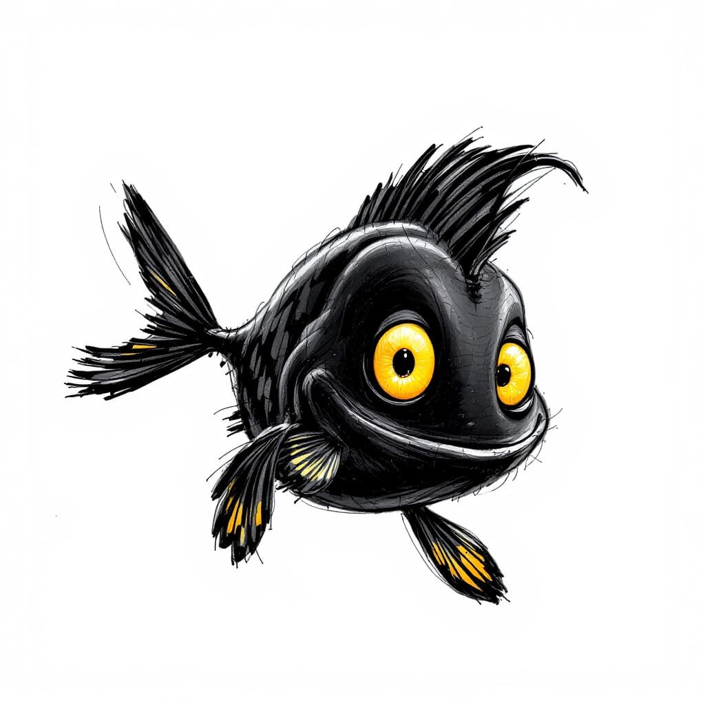 AI generated: Cartoon sketch of black little fish with yellow eyes , white background, drawing made in colored pen...