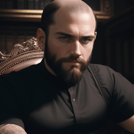AI generated: white man, 198 lbs, low brown hair with little frontal bald patches, low beard, black shirt, front v...