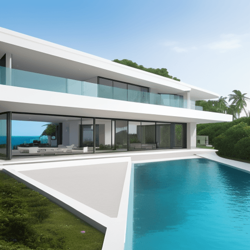 AI generated: ultra-modern mega villa by the sea with swimming pool and green space with big pool