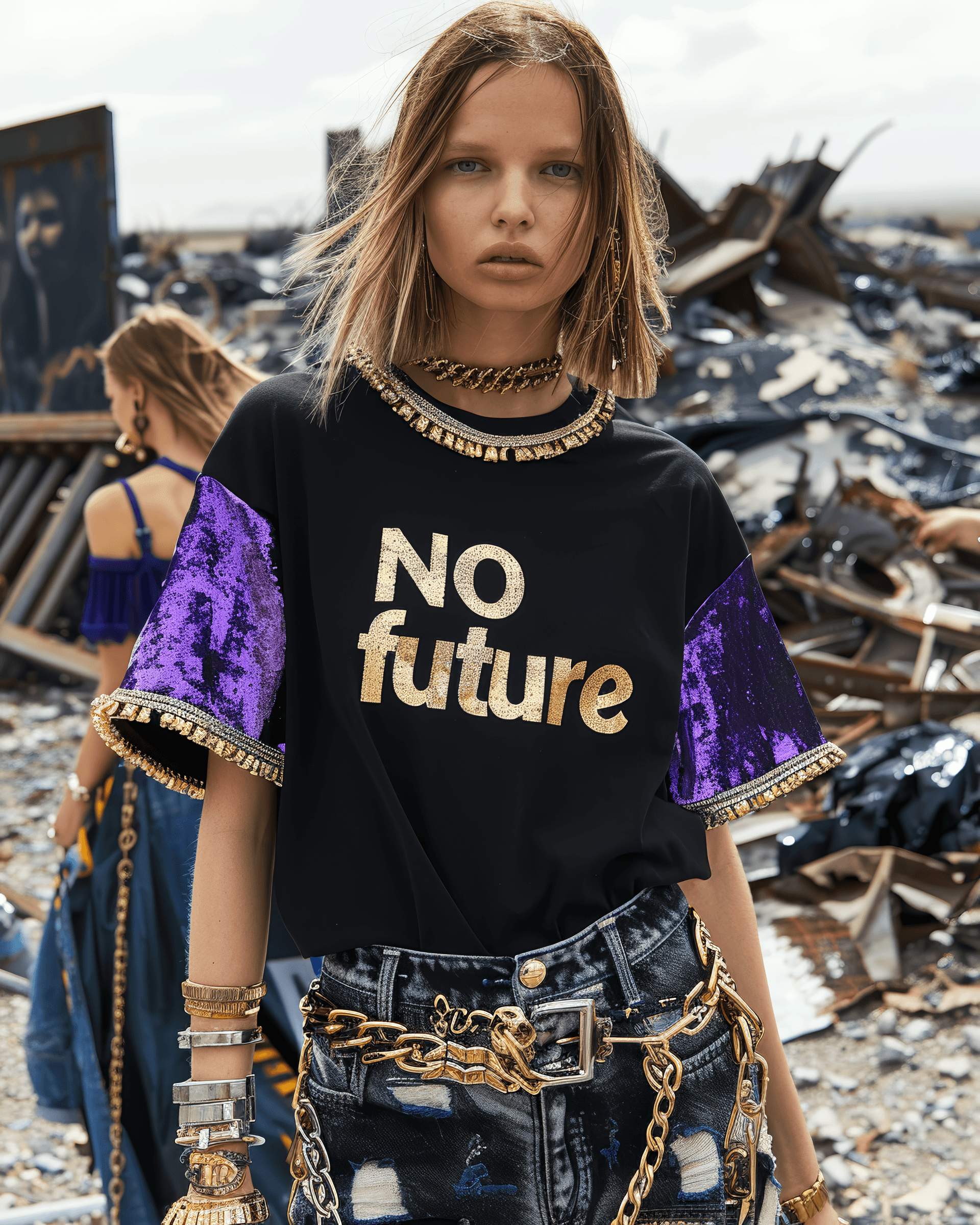 AI generated: a female glam model wearing a black and purple tshirt with gold metal trim tshirt that says, "no fut...
