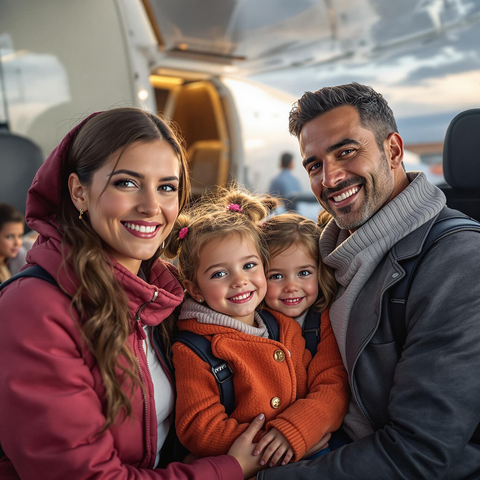 AI generated: familia con 2 niñas rubios, 3 niños con edades de 10,8,5,4,1 años, con su padre y su madre, morenos,...