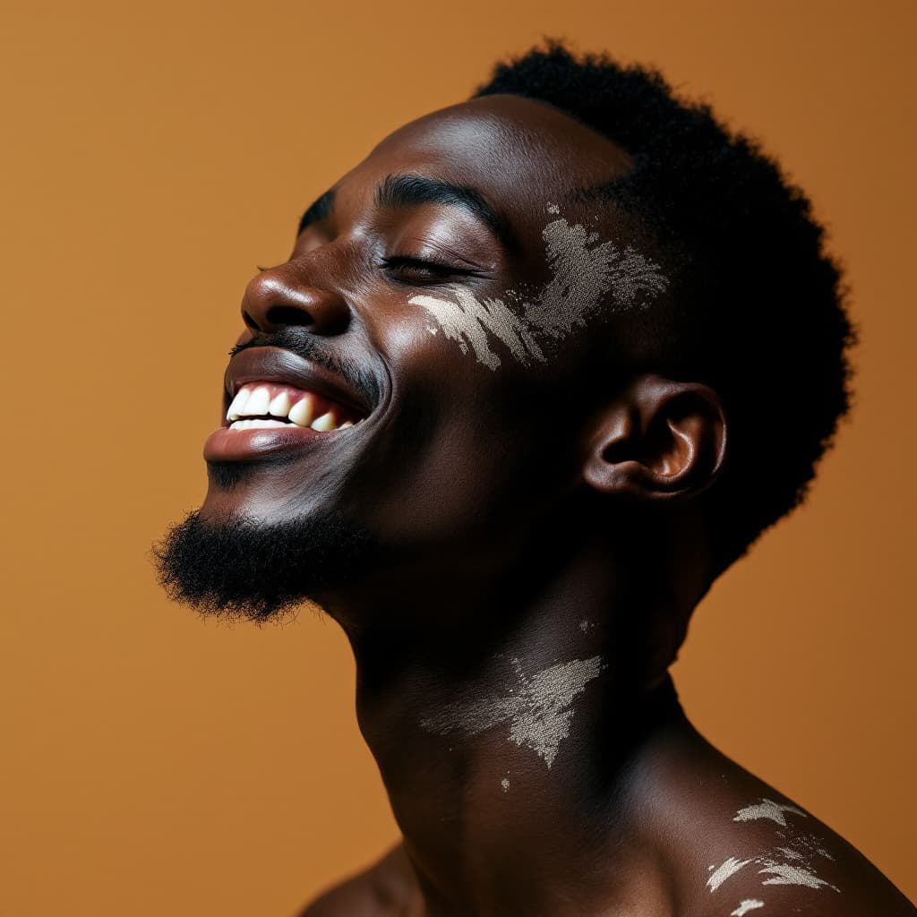AI generated: protrait de profil, homme afro américain androgine, avec un grand sourire, avec tes taches de depigm...
