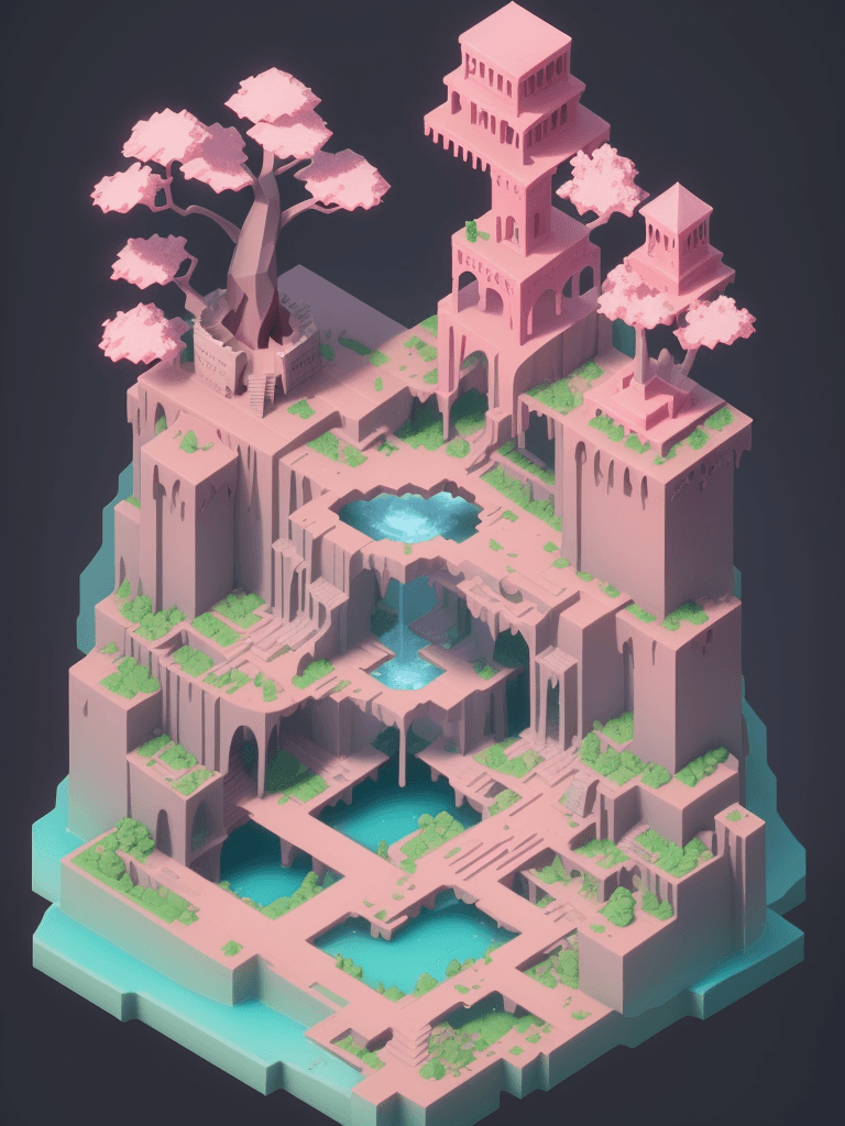 AI generated: a cute little matte low poly isometric cherry blossom forest island, pink waterfalls, mist, lat ligh...