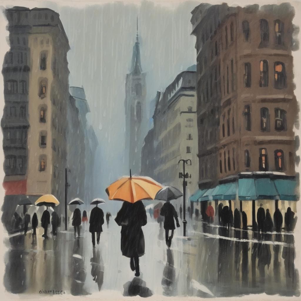 AI generated: A rainy day in the city streets, acrylics, gouache painting, style of Otto Mueller