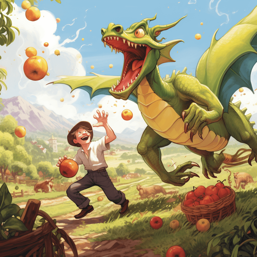 AI generated: Mischievous dragon illustration in a cartoony style, stealing apples from an orchard with a farmer c...