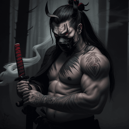 AI generated: A samurai with his demonic mask and his katana loves him, covered in ancient tattoos, coming out of ...