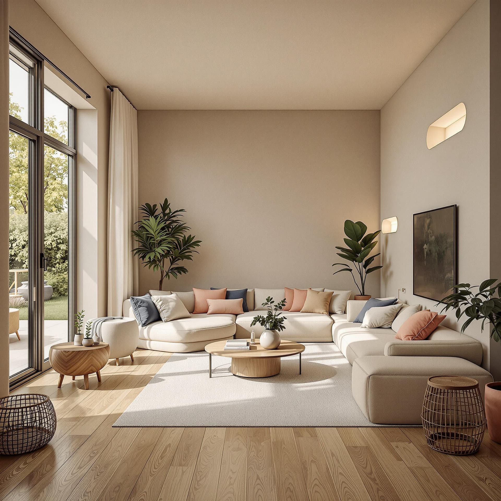 AI generated: High resolution photography interior design, dreamy sunken living room conversation pit, wooden floo...