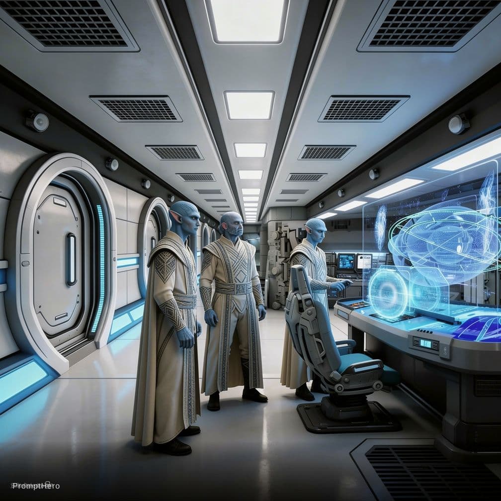 AI generated: Sci-Fi Cinematic Scene. Show three male characters looking at the console.  Unreal Engine 5 realism.