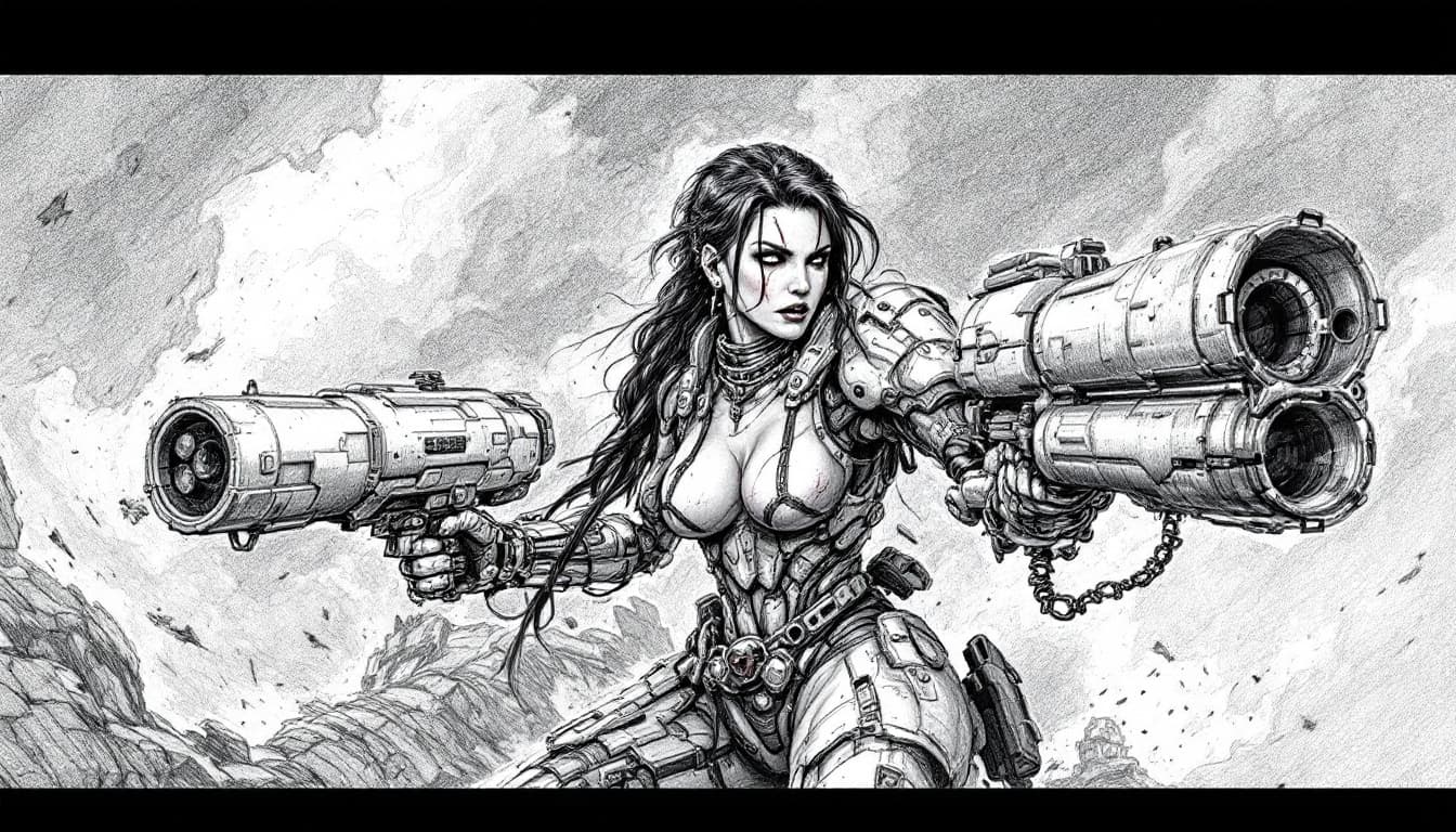AI generated: ((pencil drawing)), woman, cyborg, mechanical right arm, real left arm, mechanical left leg, real ri...