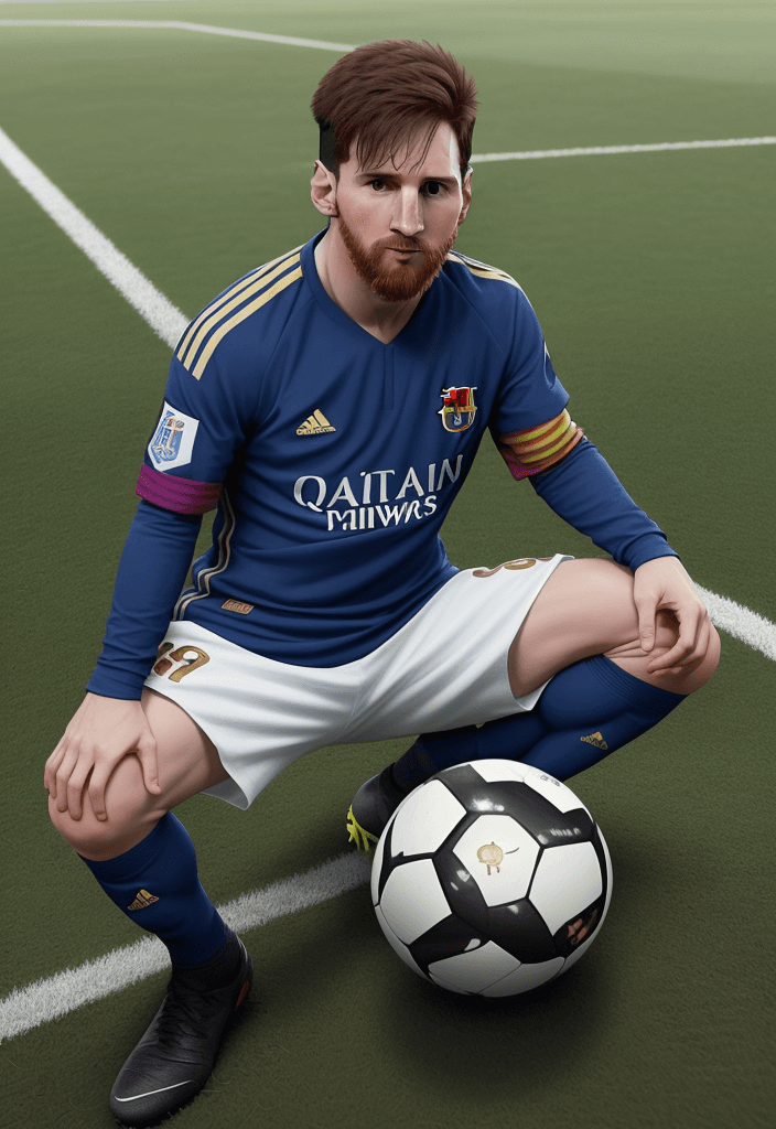 AI generated: dibujo de messi de espaldas en un campo de futbol donde en el suelo hay balones, 8 de ellos son balo...