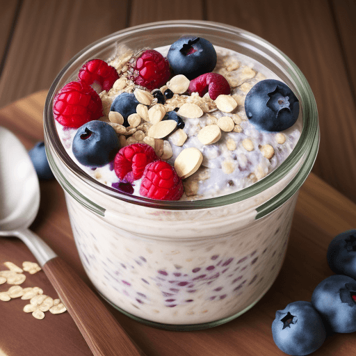 AI generated: photography, overnight oats with berries in a wooden table. Add a spoon