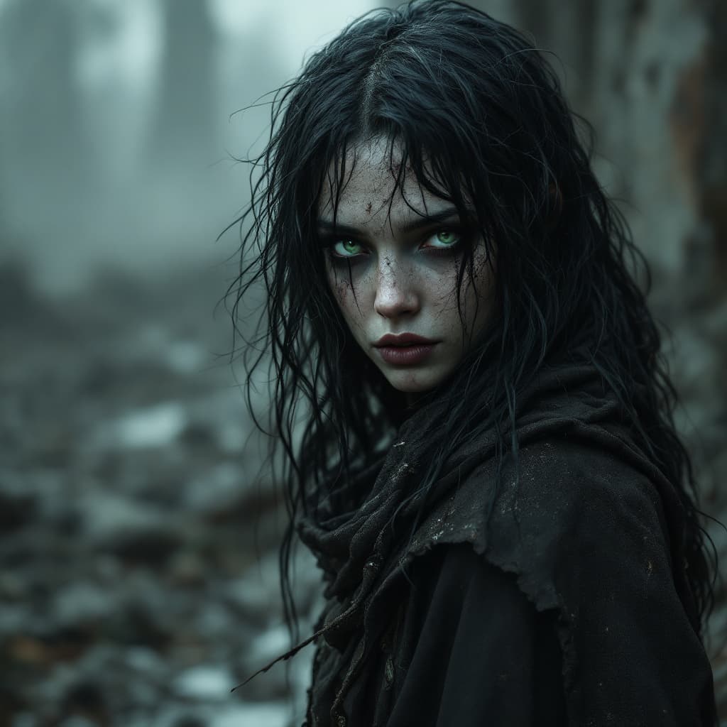AI generated: Full body view of a woman with raven black hair, green eyes and covered in dirt, wearing rags, baref...