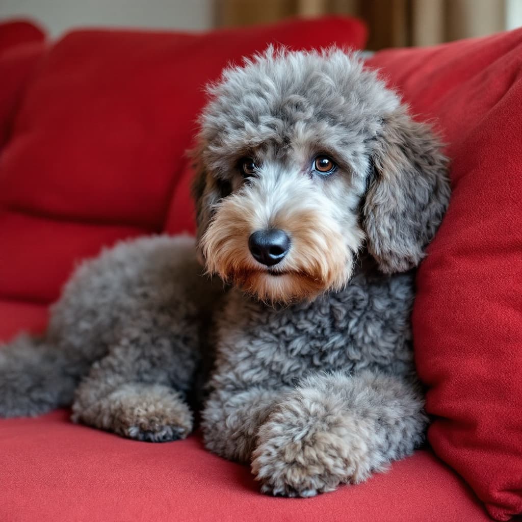 AI generated: grey hair kingsizepoodle, short cair cut, 4 years old, sitting on a red sofa
