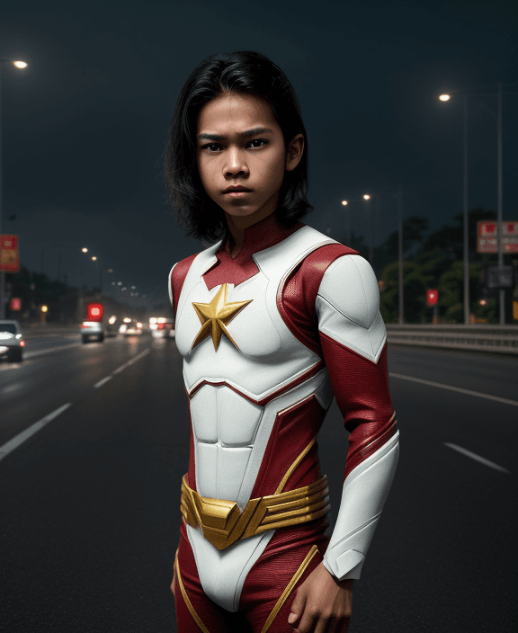 AI generated: epic realism, young boy, superhero from indonesia, indonesian superhero, handsome, shoulder length h...