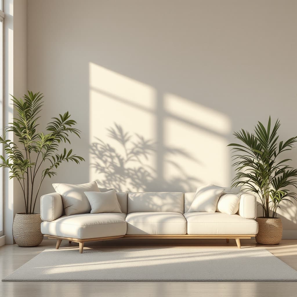 AI generated: minimal livingroom with big planet, morning light and shadow, Decorative painting with Plain wall