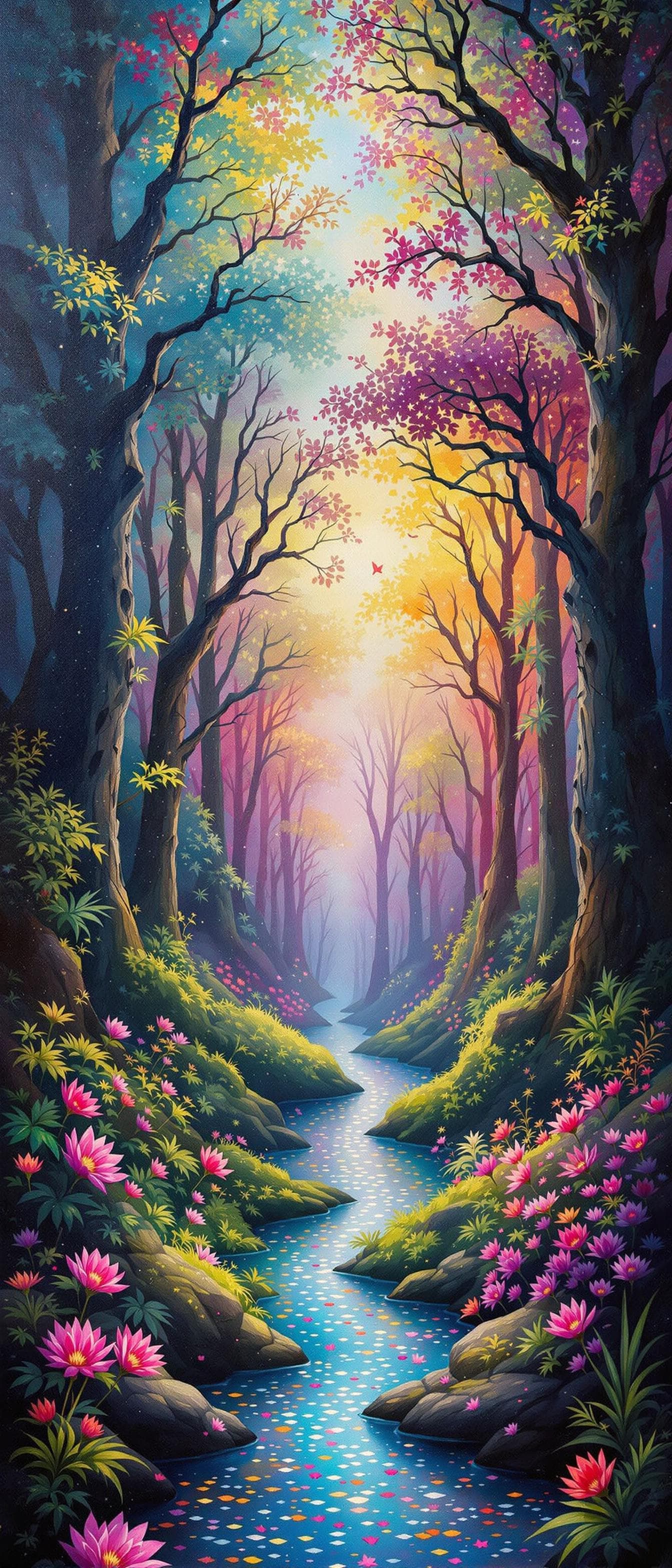 AI generated: Oil painting, enchanted forest,Enchanting descriptions of bubblegum clouds, Mystical woodland with c...