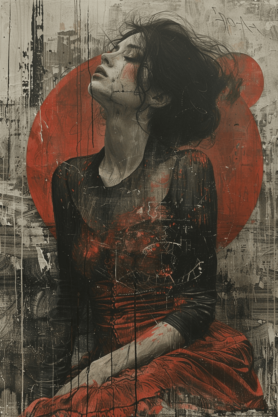 AI generated: Mixed media artwork + Emotional cyborg girl + Elegant dress + Skin lesions as a storytelling element...