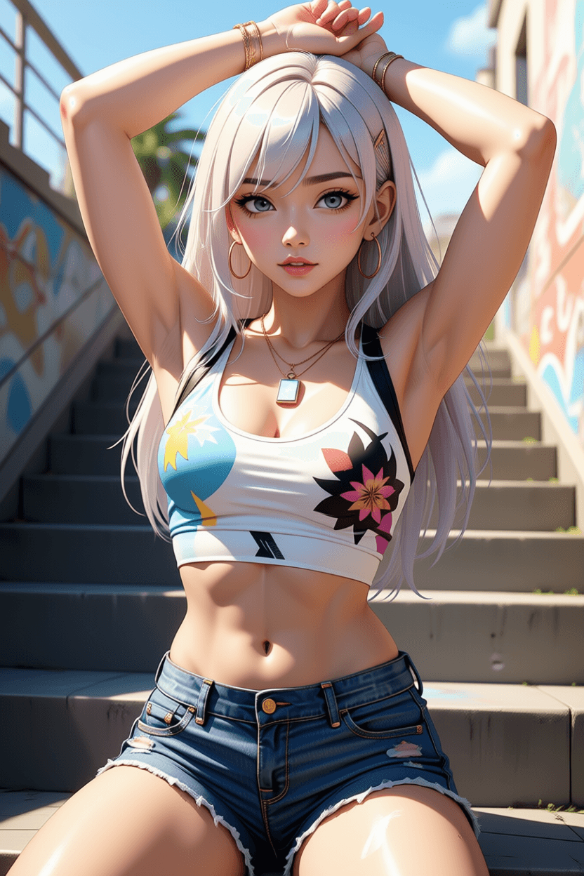 AI generated: hyper-stylized streetwear girl, realistic anime fusion style, long silver hair, hoop earrings, weari...