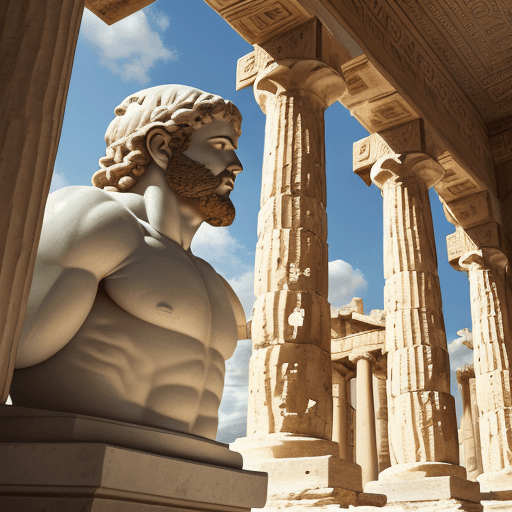 AI generated: fine detailed pointillism painting + low-angle view, hyper-realistic, classical architecture, ancien...