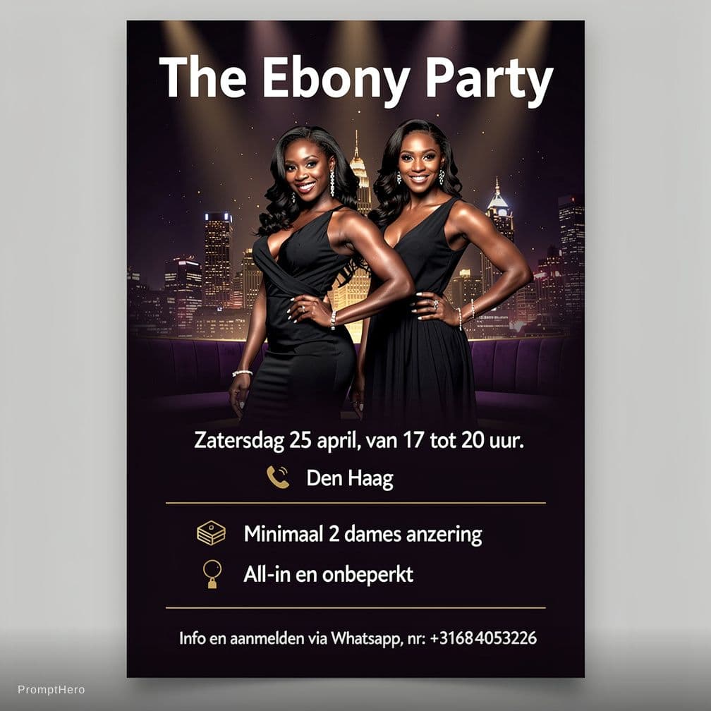 AI generated: Genereer een flyer voor 'The Ebony Gangbang Party ' met daarop 2 sexy ebony dames. Geef vervolgens d...