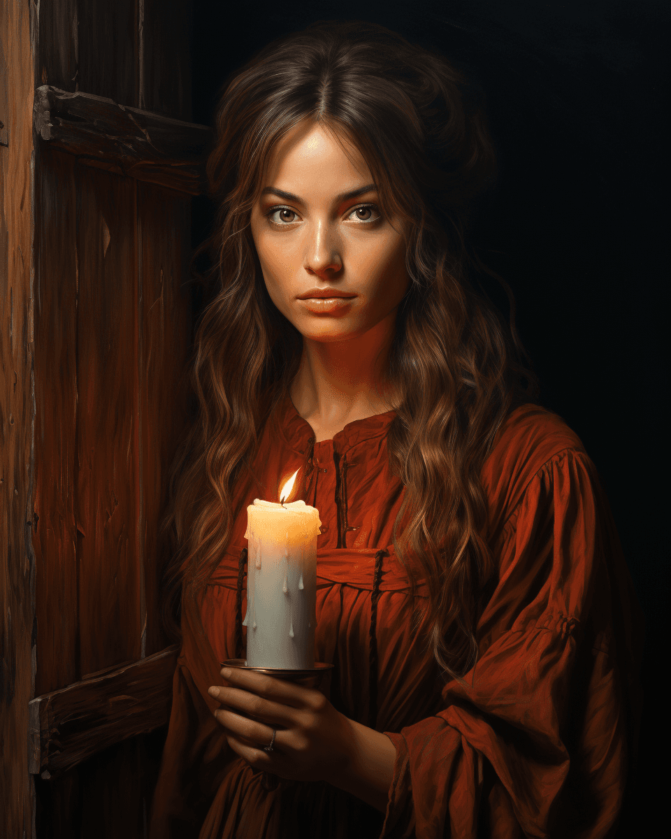 AI generated: An oil painting of girl with candle sitting on old window frame, in the style of light bronze and cr...