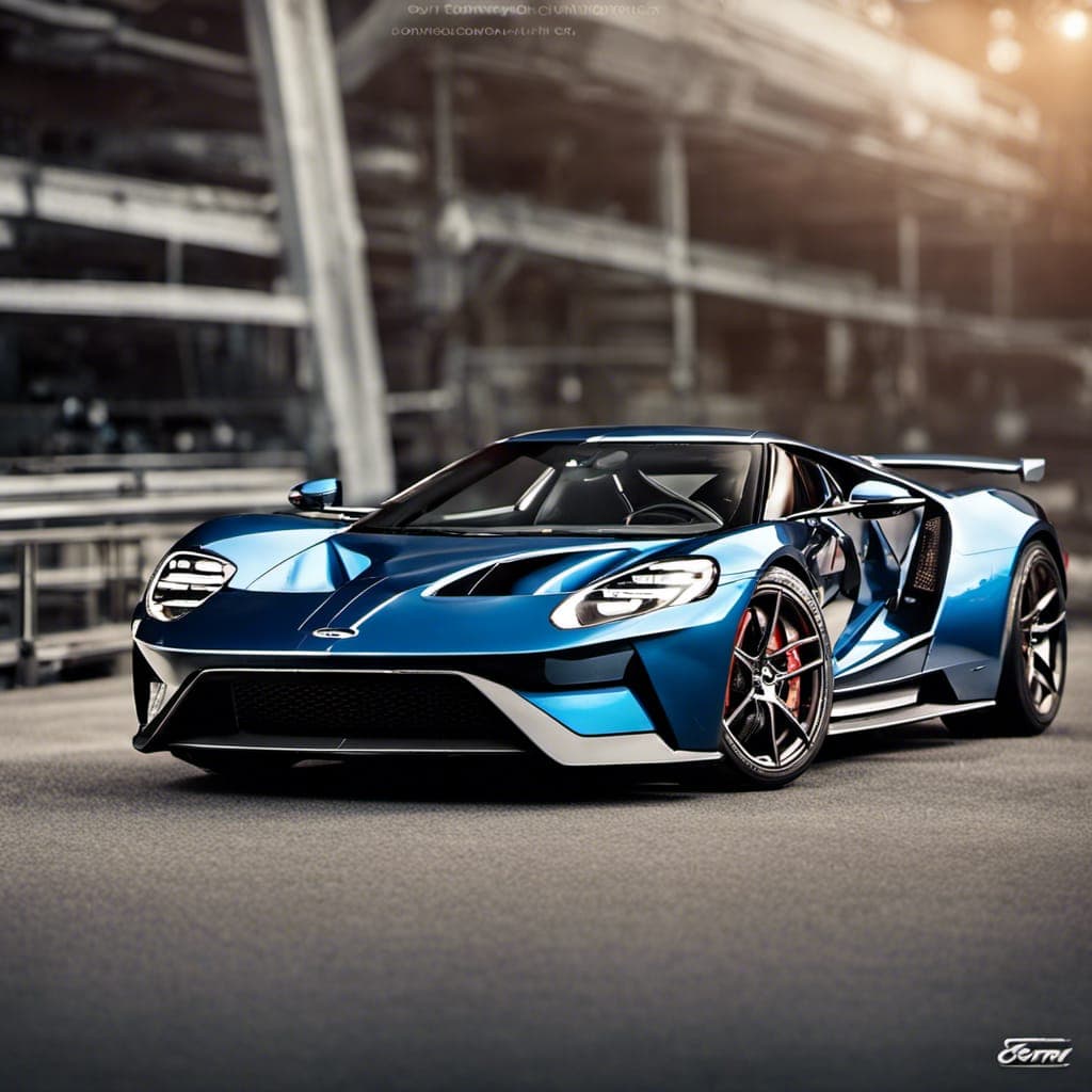 AI generated: Ford GT, (detailed stunning environment), cinematic, cover art, (low front angle), full view of Ford...