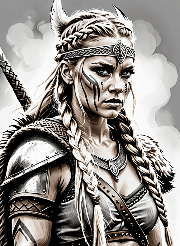 AI generated: black and white drawing of a Viking warrior woman,with braided hair,wearing war paint on her face,fe...