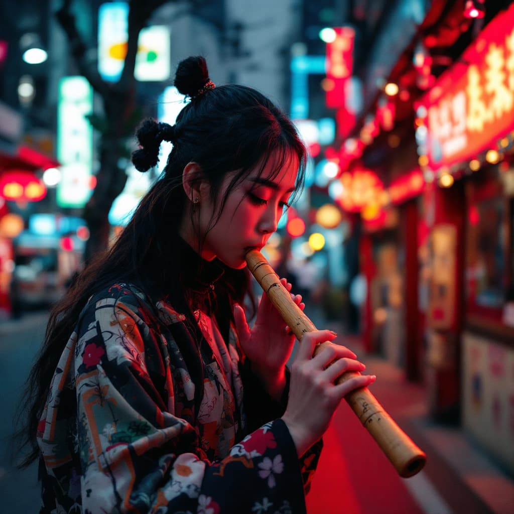 AI generated: Hyperralistic poster of a single peruvian wooden flute, with no humans, in Tokyo. aesthetic merges c...