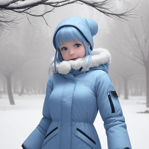 AI generated: a girl in a snow suit dances in winter, snow is falling, there is a lot of snow on the branches of t...