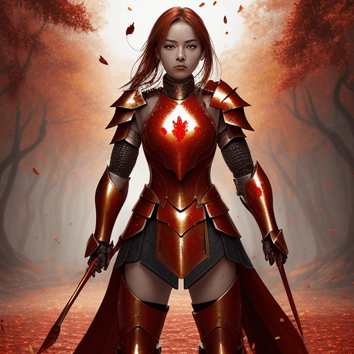AI generated: full armor, standing amidst a backdrop of falling red leaves.  The image features a female warrior i...