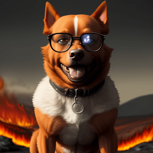 AI generated: dog with glasses and very angry, maximum quality, background with a burning landscape, dark