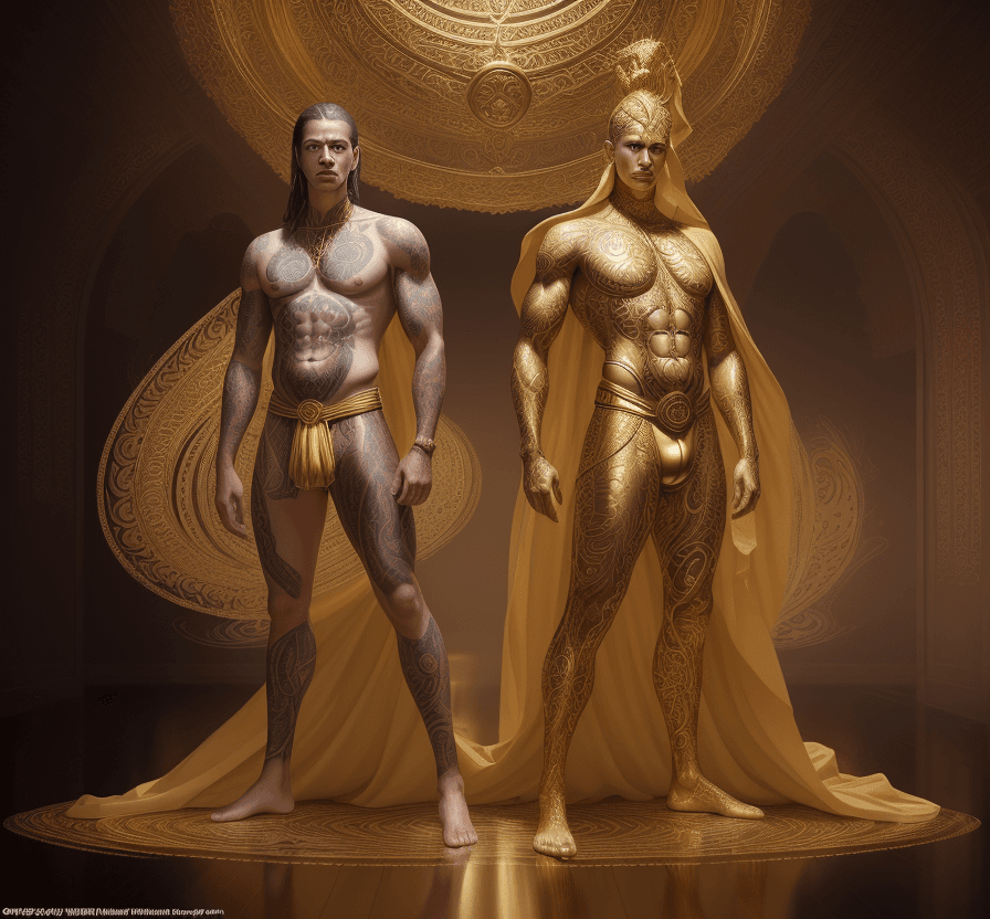 AI generated: Full body shot, downward pose (golden lighting, man in gold and colonial style suit), (majestic and ...