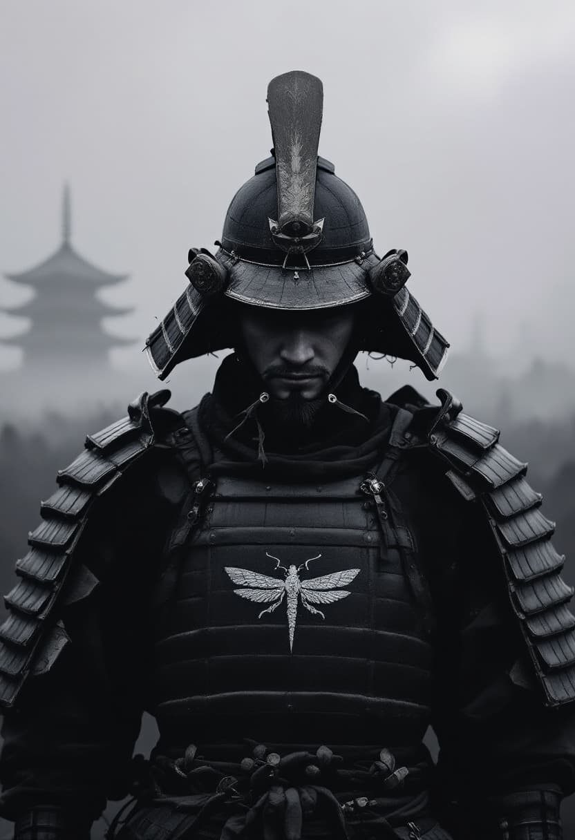 AI generated: ultra realistic traditional samurai warrior, standing alone in a foggy battlefield, wearing worn jap...