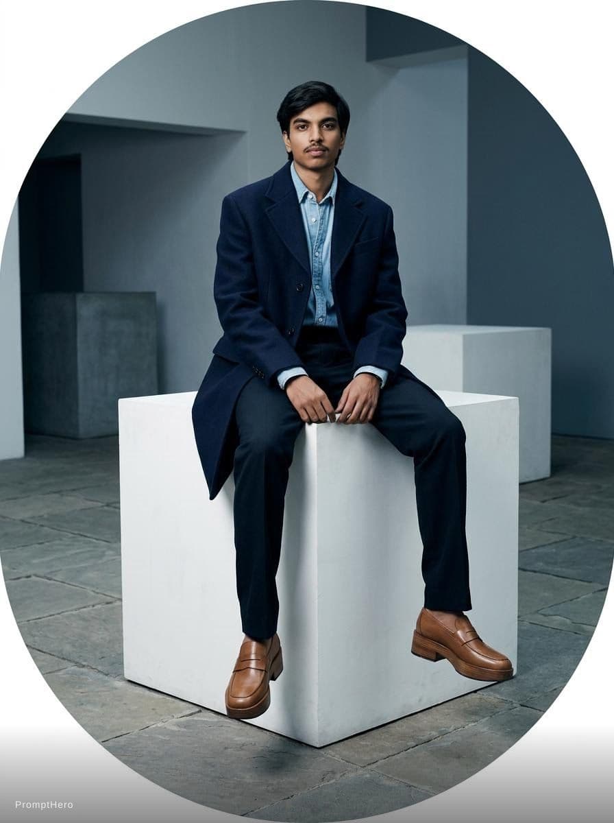 AI generated: a woman sitting on top of a white cube, official jil sander editorial, blue and grey tones, trending...