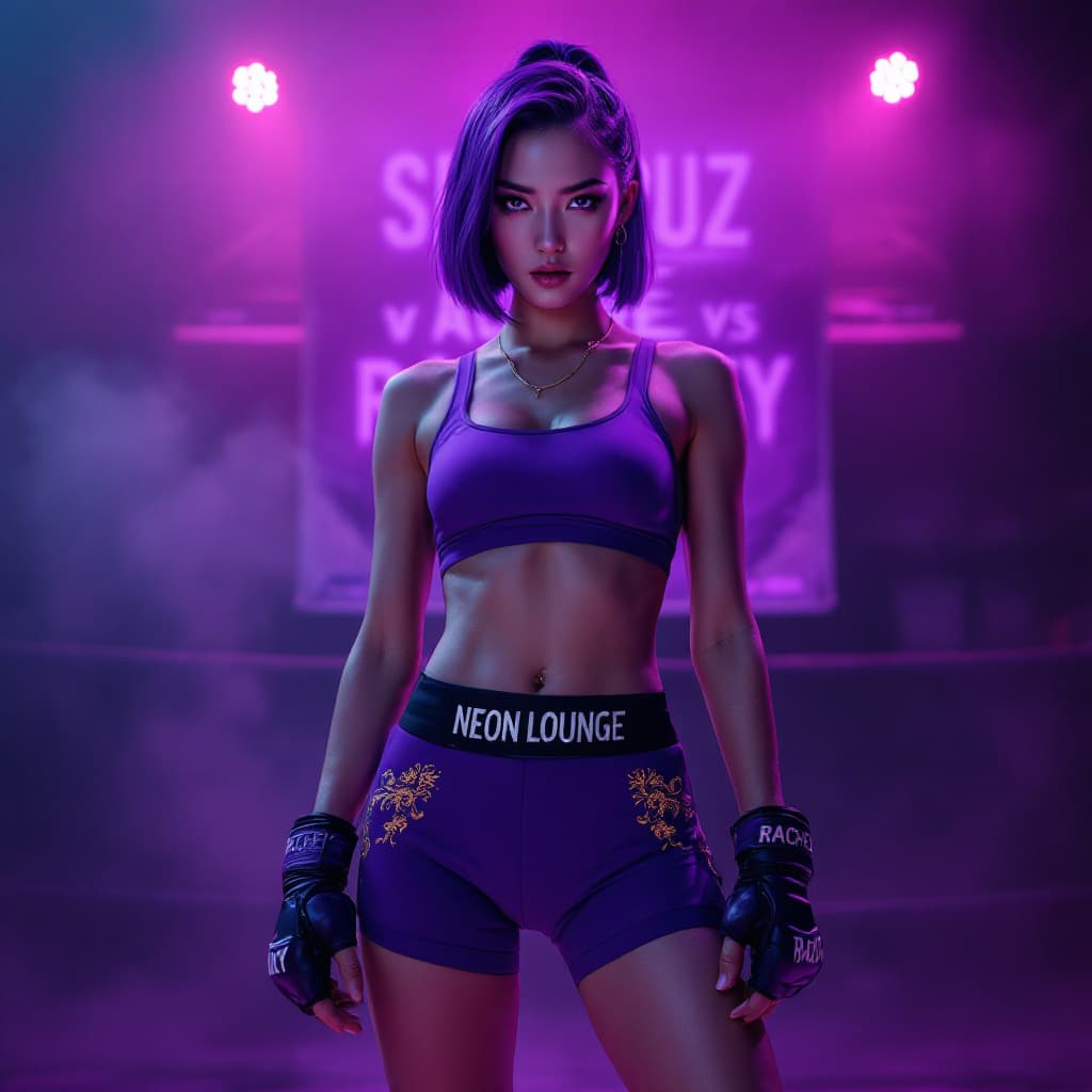 AI generated: A female K-pop idol with a purple bob haircut, pulled back into a sleek style, and striking purple e...