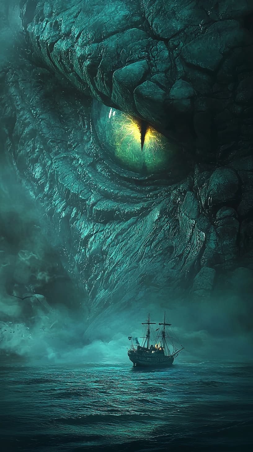 AI generated: Enormous sea monster beneath the ocean, glowing yellow-green reptilian eye in the deep, tiny ship fl...