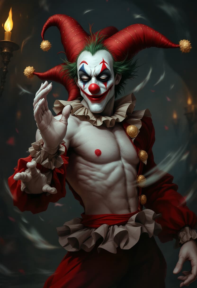 AI generated: Semi-realism, cartoon adult male clown, medieval jester, blushing expression, wearing jester outfit,...