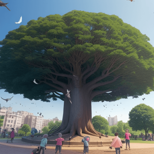 AI generated: an big old tree in the shape of the peace symbol surrounded by kids playing and pigeons roaming on t...