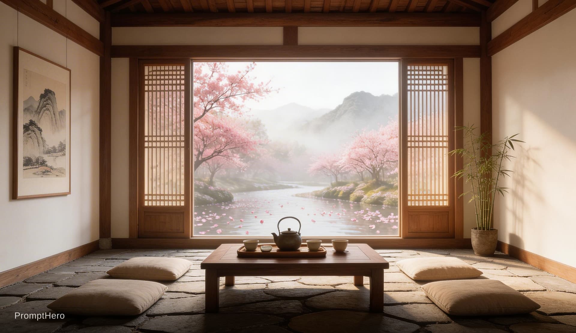 AI generated: 
A serene “Peach Blossom Utopia” interior space inspired by Tao Yuanming’s Tale of the Peach Blossom...
