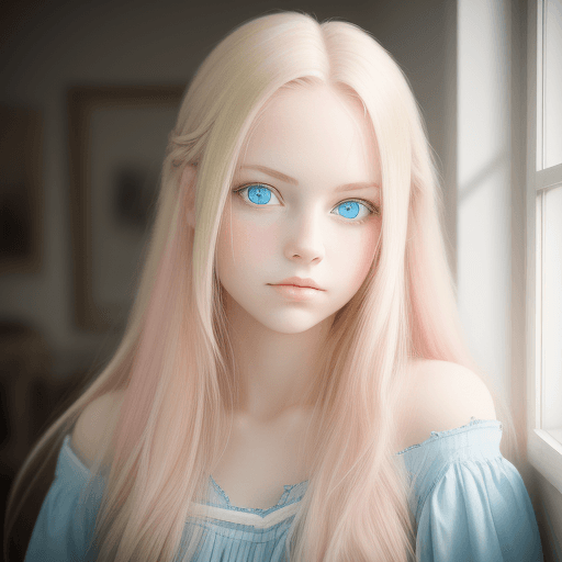 AI generated: Portrait photo of a pretty young lady with light blue eyes, (ombre:1.3) blonde pink long hair, indoo...