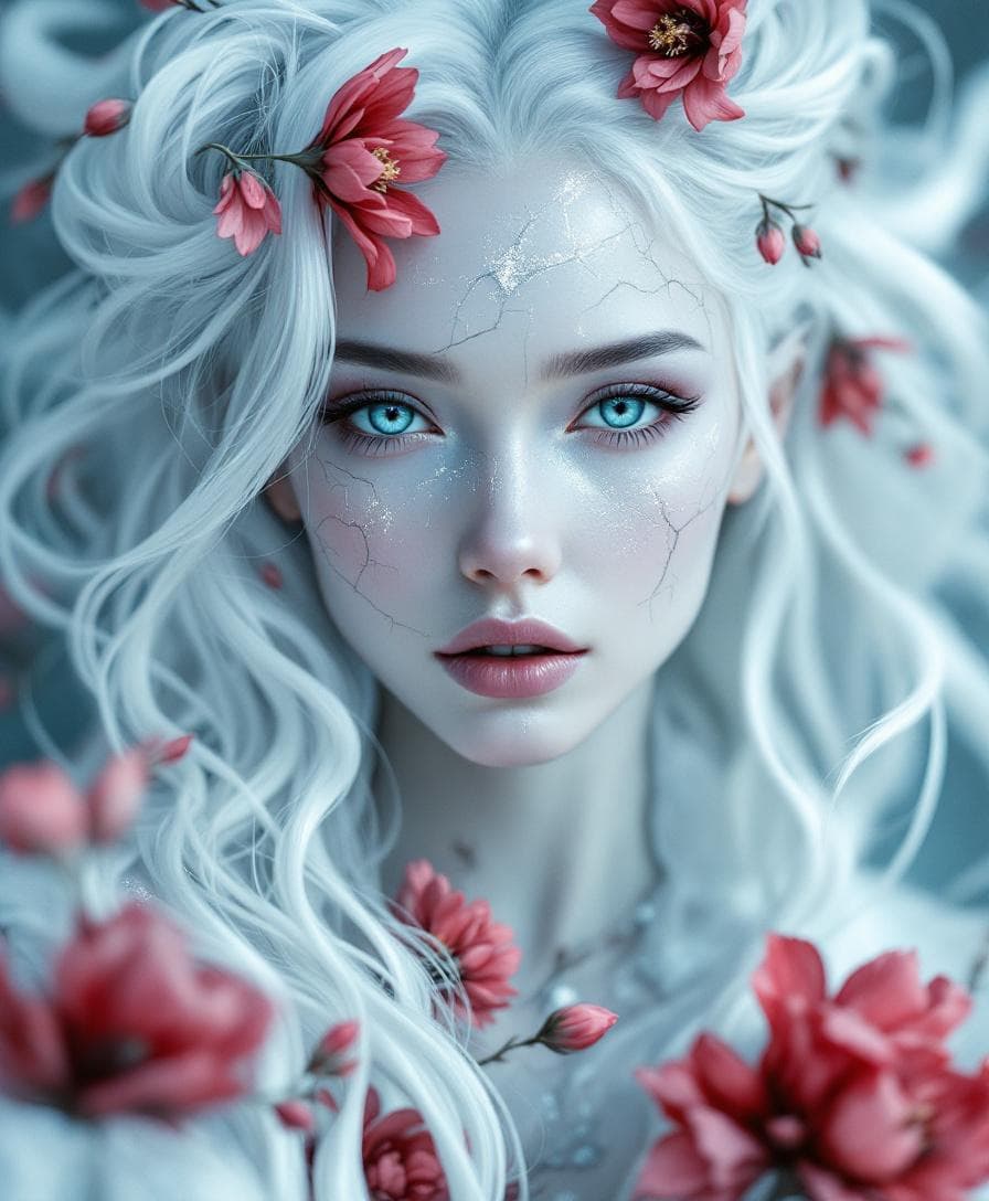 AI generated: ultra-detailed portrait of a porcelain-like woman, ethereal and surreal, icy white flawless skin, pi...