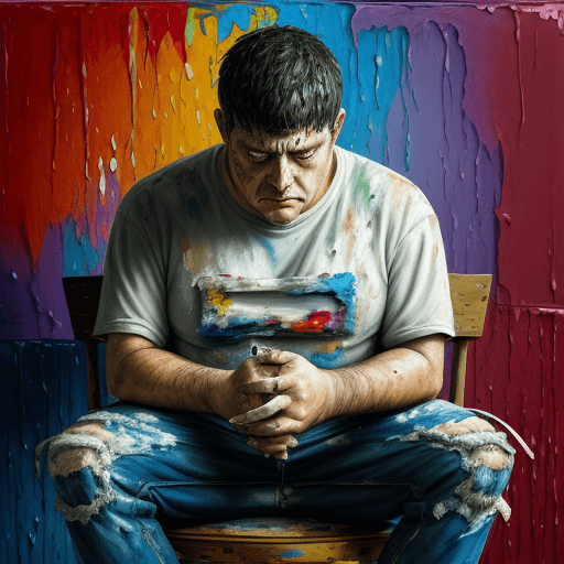 AI generated: painting of sad man sitting on chair, eyes are teary, holding face, pallet knife painted, thick text...